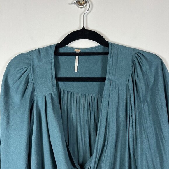 Free People Draped Cowl Neck Poet Blouse Top Silky Flowy Blue Boho Romantic XS - Picture 3 of 7